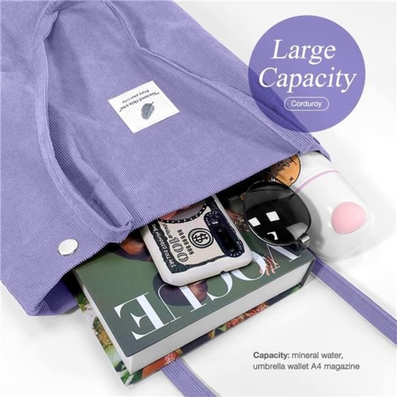 Tote Corduroy Bag Women's Shoulder Purses for Office School Shopping Travel Grey - Picture 4 of 6